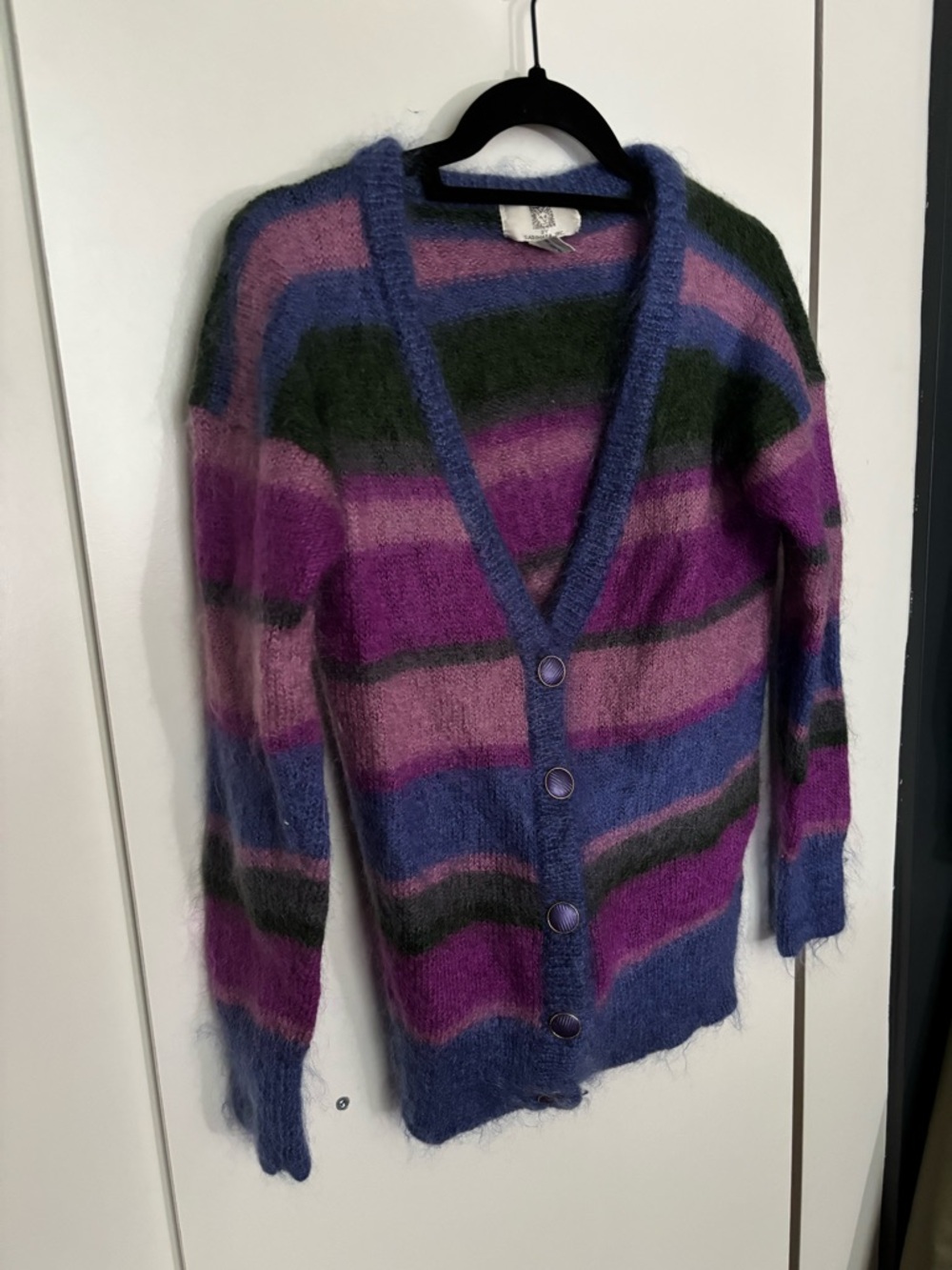 Anne Klein Striped Mohair-Blend V-Neck Cardigan in Purple, Blue, Green and Pink
